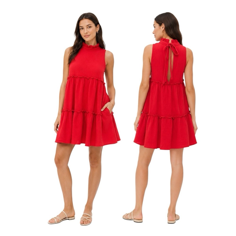 Pomander Place Tuckernuck Red Tiered Mini Dress High Neck Boho Sz S